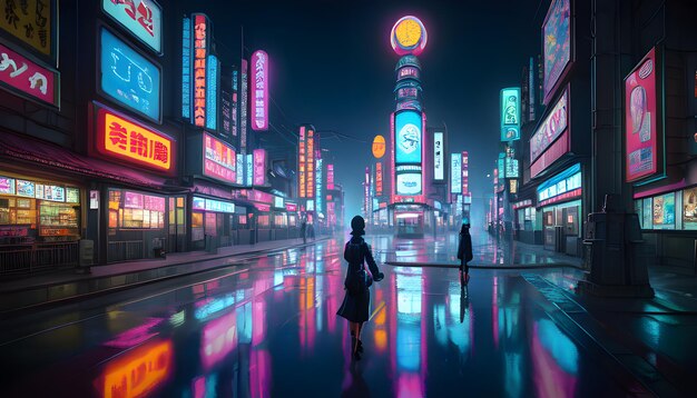 Cyberpunk futura città strada trafficata notte luci AI generativa