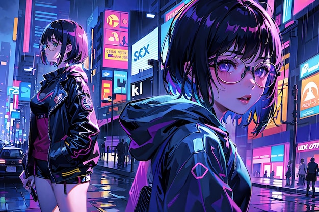 Cyberpunk girl anime in stile sci-fi sfondo futuristico