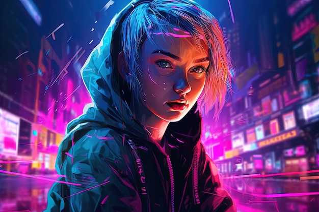 Cyberpunk hacker ragazza anime con un haircuy spigoloso che digita su una tastiera olografica mentre è circondata da codice al neon e dati digitali illustrazione in stile manga generativa ai