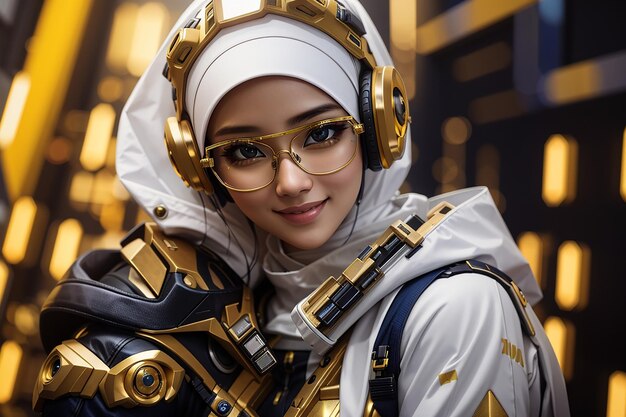 cyberpunk hijab ragazza donna donna abito in oro bianco tecnologia futura