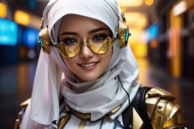 cyberpunk hijab ragazza donna donna abito in oro bianco tecnologia futura