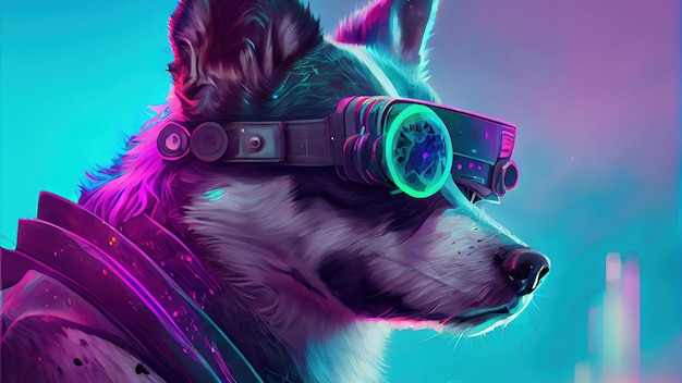 Cyberpunk Husky Dog Bella opera d'arte digitale ritratto di un Cyberpunk Dog Husky Anime Animal che indossa bretelle e occhiali vaporwave realizzati da uno schermo di computer in frantumi glitch di colore