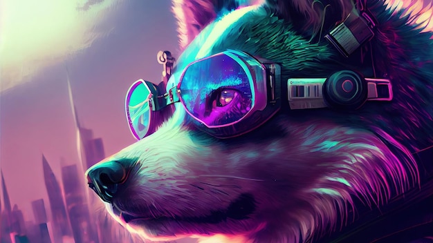 Cyberpunk Husky Dog Bella opera d'arte digitale ritratto di un Cyberpunk Dog Husky Anime Animal che indossa bretelle e occhiali vaporwave realizzati da uno schermo di computer in frantumi glitch di colore