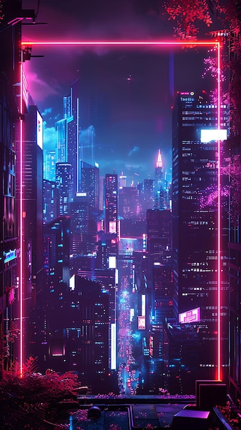Cyberpunk Neon City Arcane Frame con grattacieli futuristici Neon Color Background Art Collection