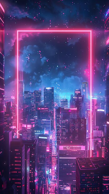 Cyberpunk Neon City Arcane Frame con grattacieli futuristici Neon Color Background Art Collection