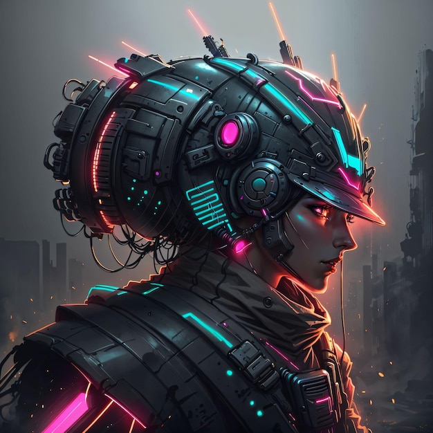 cyberpunk neon donna con casco robot