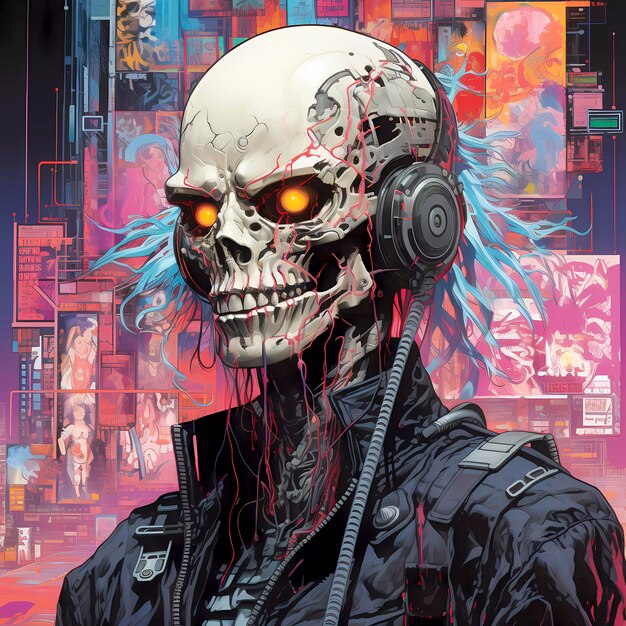Cyberpunk Nostalgia 90s Comic giapponese con una SkullFaced Punk Generative AI