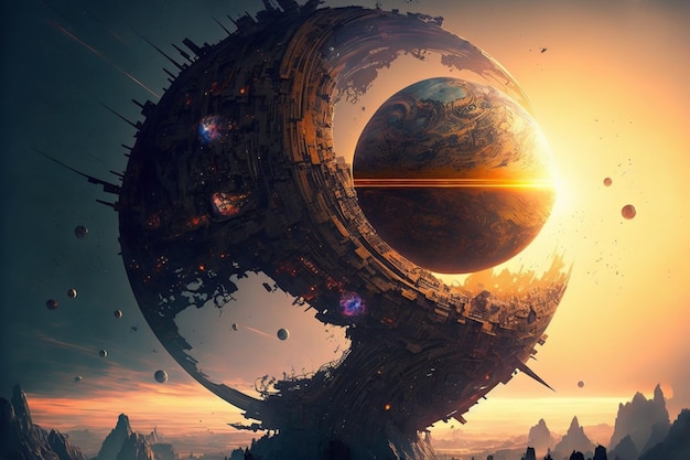 Cyberpunk pianeta sistema solarepunk l'intero universo sta collassando su se stesso Umano nella città in rovina terra distrutta pittura digitale Concetto apocalisse Buco nero nello spazio