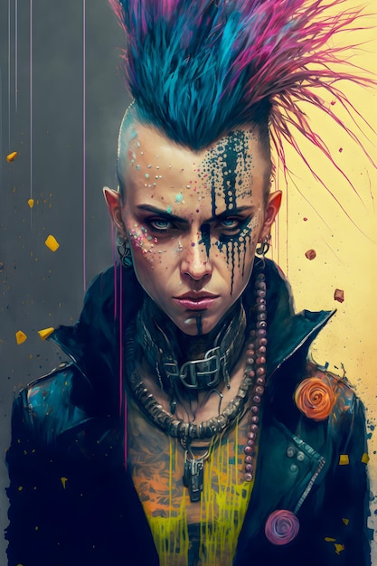 Cyberpunk PunkRock Personaggio Manga e Anime disegnato a mano in Comicsc and Graffity Style 90s Illustration