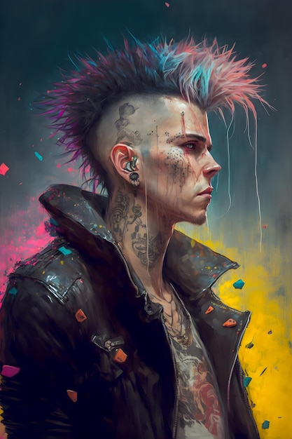 Cyberpunk PunkRock Personaggio Manga e Anime disegnato a mano in Comicsc and Graffity Style 90s Illustration