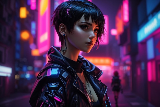 cyberpunk ragazza donna sfondo al neon