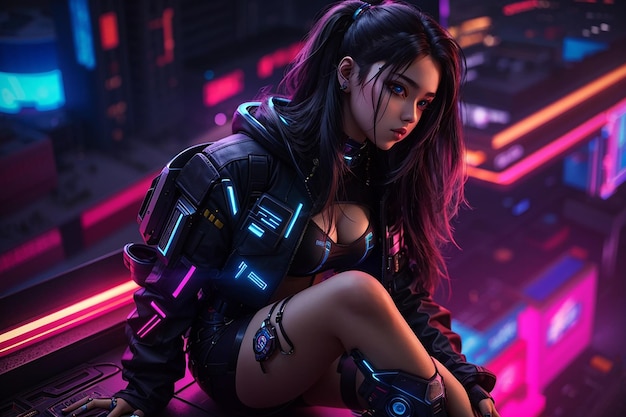 cyberpunk ragazza donna sfondo al neon