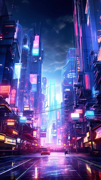 Cyberpunk retro città futuristica con luci al neon