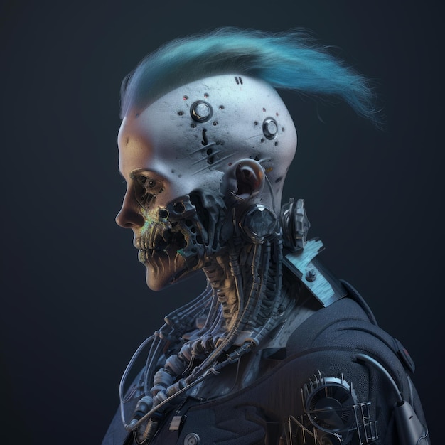 Cyberpunk robot criminale hacker scifi cyborg con teschio e capelli mohawk Illustrazione digitale