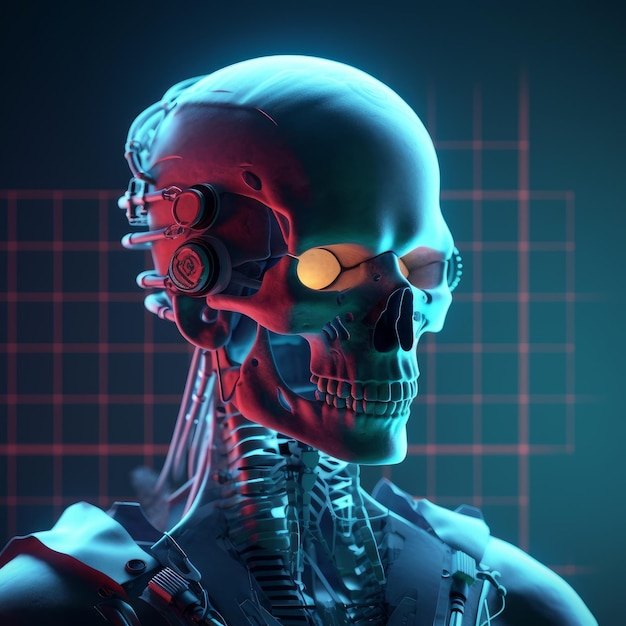 Cyberpunk robot hacker criminale Illustrazione 3D del teschio fantascientifico di fronte a cyborg con capelli mohawk