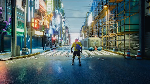 Cyberpunk street con carattere 3d render