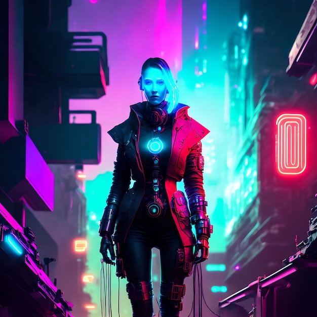 Cyberpunk tecnologia futura cyborg robot punk donna arte generativa di AI