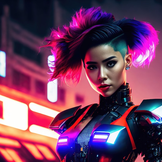 Cyberpunk tecnologia futura robot cyborg donna punk con capelli corti arte generativa di AI