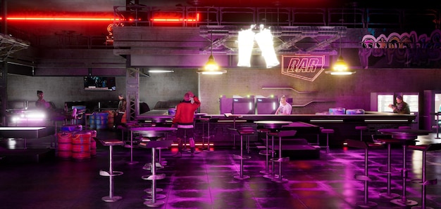 Cyberpunk umano in discoteca 3d rendering