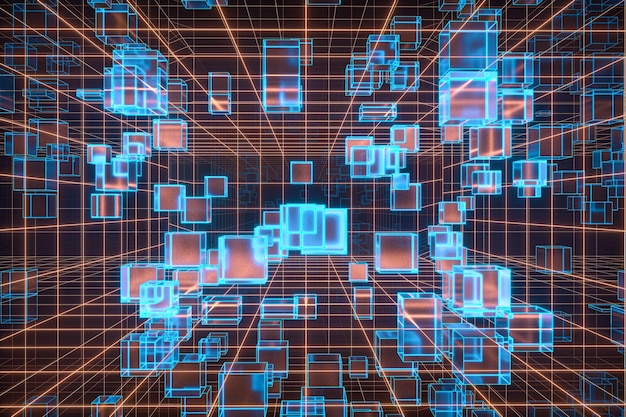 Cyberspace tunnel with geometry cube 3d rendering