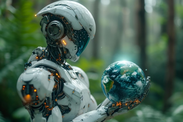 Cyborg con il globo nelle mani sullo sfondo della foresta Il concetto del futuro