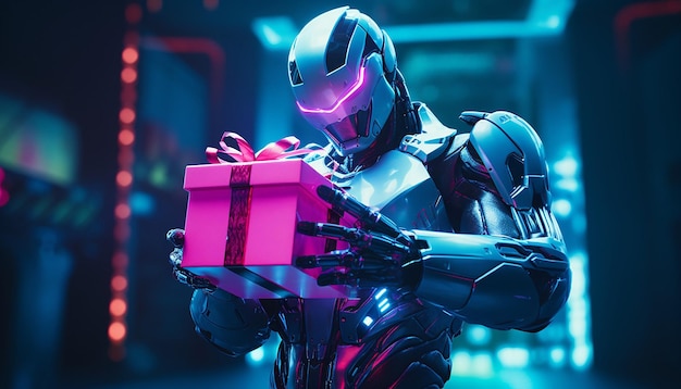 Cyborg con regali del Cyber Monday alla luce al neon