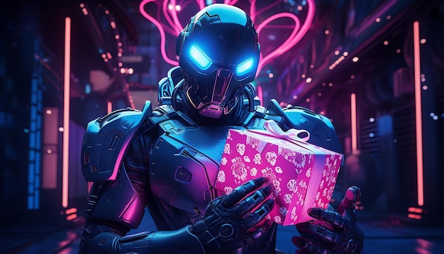 Cyborg con regali del Cyber Monday alla luce al neon