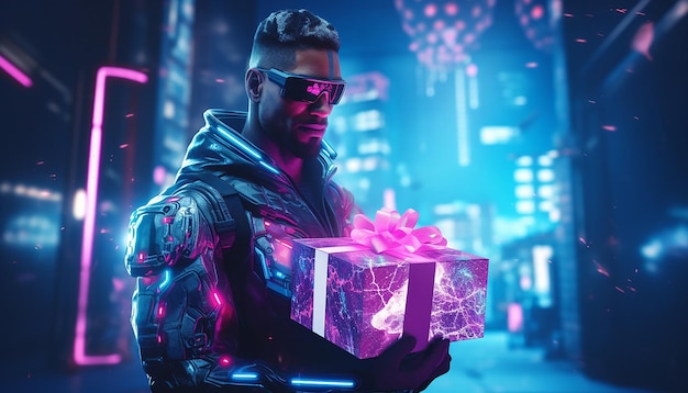 Cyborg con regali del Cyber Monday alla luce al neon