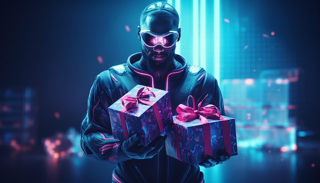 Cyborg con regali del Cyber Monday alla luce al neon