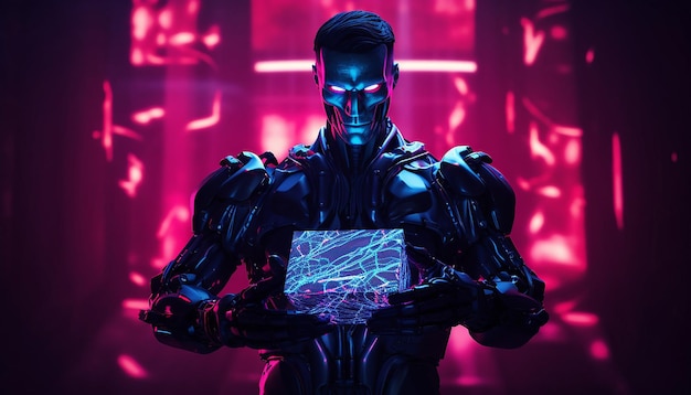 Cyborg con regali del Cyber Monday alla luce al neon