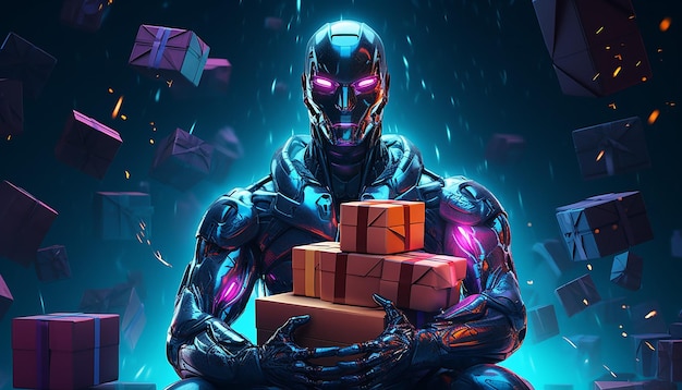 Cyborg con regali del Cyber Monday alla luce al neon