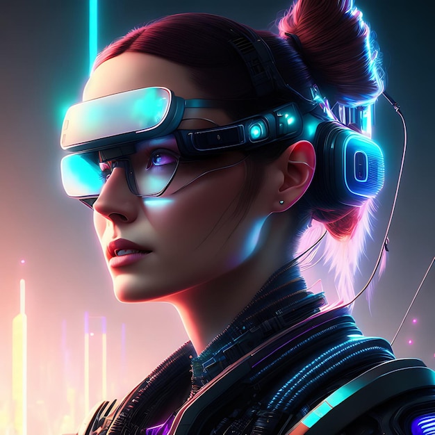 Cyborg donna che indossa un paio di occhiali VR illustrazione
