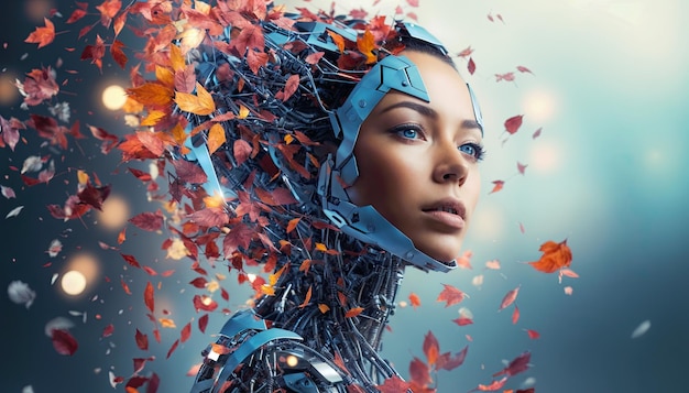 Cyborg donna con foglie d'autunno sulla testa rendering 3D