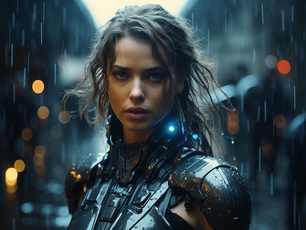 Cyborg donna sotto la pioggia. Fantastico. Generata dall'AI