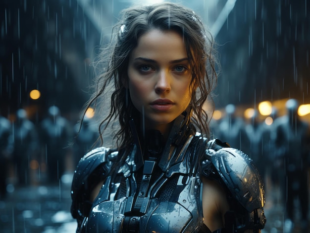 Cyborg donna sotto la pioggia. Fantastico. Generata dall'AI