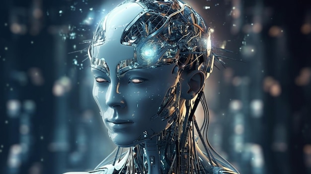 Cyborg face wireframe ologramma 3D rendering intelligenza artificiale concetto di apprendimento automatico