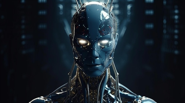 Cyborg face wireframe ologramma rendering 3D in intelligenza artificiale e concetto di apprendimento automatico