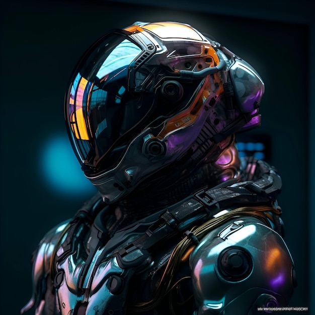 Cyborg in una tuta spaziale futuristica Scifi sullo sfondo 3D