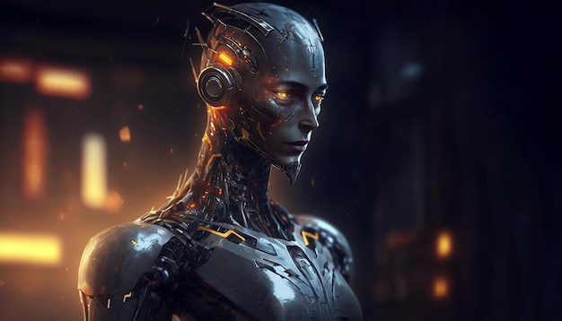 Cyborg Intelligenza artificiale con occhi luminosi e fisica Robotica futuristica IA generativa