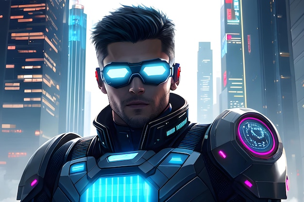 Cyborg man luci al neon immagine generativa futuristica ai