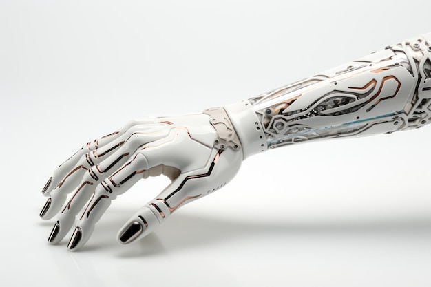 Cyborg mano punta il dito tecnologia di intelligenza artificiale