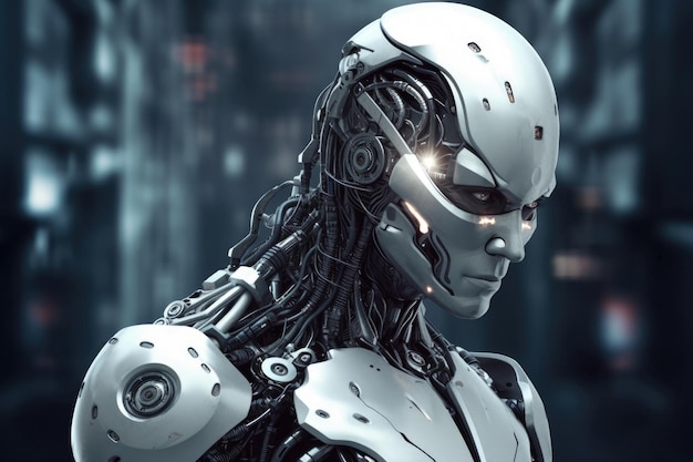 cyborg o robot umanoide con intelligenza artificiale nella futura distopia