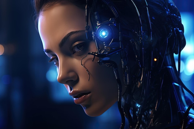 Cyborg o umano digitalmente migliorato Intelligenza artificiale e concetto tecnologico con donna avanzata