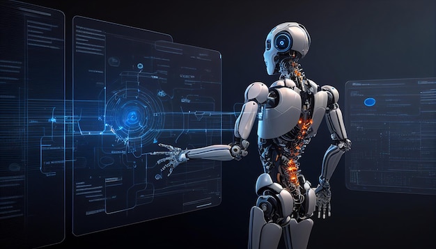 Cyborg Robot in piedi indietro toccando lo schermo con la mano Analisi dei dati di automazione dei processi robotici IA generativa
