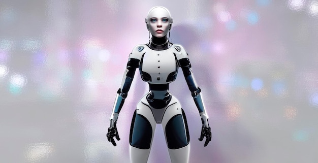 Cyborg. Singolarità Conseguenze. Personaggio con corpo robotico. Android o umanoide. Sfondo grigio.