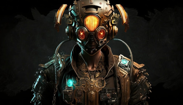 Cyborg steampunk che indossa il casco vr su sfondo scuro Simulazione virtuale e concetto di metaverso Personaggio giocatore retrò nell'interfaccia di gioco per computer Creato con intelligenza artificiale generativa