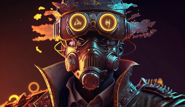 Cyborg steampunk che indossa il casco vr su sfondo scuro Simulazione virtuale e concetto di metaverso Personaggio giocatore retrò nell'interfaccia di gioco per computer Creato con intelligenza artificiale generativa