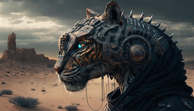 Cyborg testa di leone con stile cyberpunk nel deserto con una faccia spaventosa ai generativa