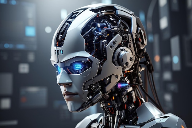Cyborg testa utilizzando l'intelligenza artificiale per creare interfaccia digitale rendering 3d