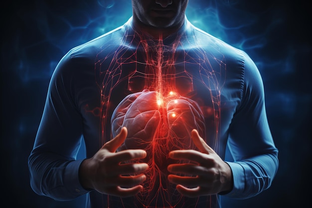 D alogramma di un cuore sullo sfondo di una silhouette umana studio di malattie cardiache da ai ai